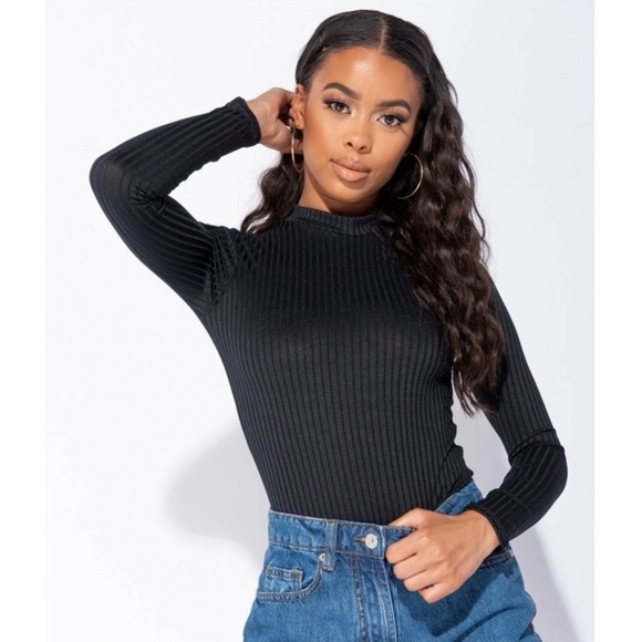Tops - Black Long Sleeve High Neck Bodycon Bodysuit Top Leotard